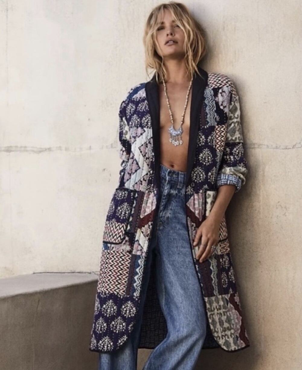 Free People Brenda Knight Rare Blue Multi Quilted Marigold Duster Jacket XS